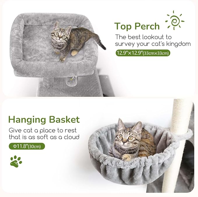 Globlazer Cat Tree Tower Cat Condo for Mutilple Indoor Cats, 70in Tall Cat Tree Furniture Activity Center with 4 Cat Condos, 3 Scratching Posts, 2 Hanging Baskets, Padded Top Perch, F70C, Light Gray