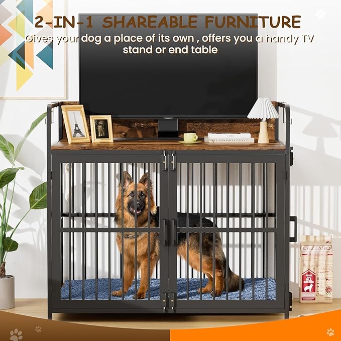 Dog Crate Furniture, 48" Heavy Duty Wooden Dog Crate End Table, XL Dog Kennel Furniture Large Breed, Decorative Dog Kennel Indoor, Double-Door Dog House