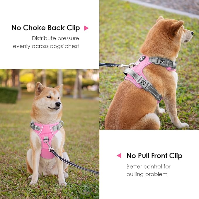 PHOEPET No Pull Dog Harness, Unique Colors Reflective Adjustable Dog Vest, with Soft Training Handle Metal Clips for Small Medium Large Dogs (Baby Pink Base & Grey Straps,XL)