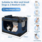 Soft Collapsible Dog Crate - 24 inch Portable Travel Puppy Crate for Small Pets or 2 Cats, Pet Carrier with 4 Mesh Doors, Car Kennel for Dogs with Handle for Indoor and Outdoor, Bule