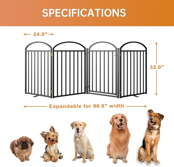 4 Panels Full Matel Freestanding Dog Gates with Door, 96"Extra Wide 32"Tall Free Standing Dog Pet Gate for Indoor & Outdoor. Foldable Pet Fences for Doorways, House, Stairs, Porch, Deck, Yard