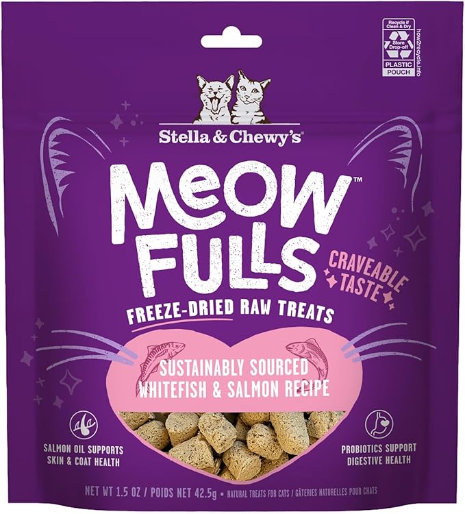 Stella & Chewy's Meowfulls Freeze Dried Cat Treats - Whitefish & Salmon Recipe - Raw Protein with Probiotics & Salmon Oil - 1 Calorie Per Treat - 1.5 oz