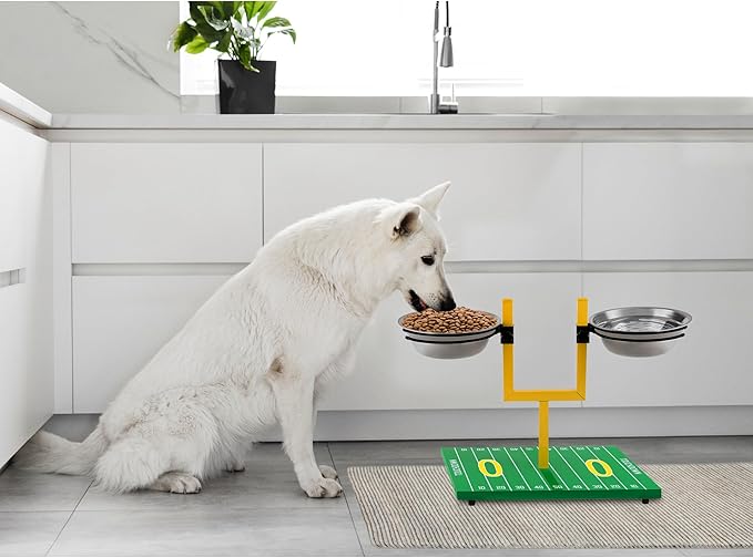 NCAA Oregon Ducks Goalpost Dog Feeder – Adjustable Elevated Dog Bowls with Stand, 2 Stainless Steel Bowls, Non-Slip Rubber Feet, Raised Pet Feeder for Large & Small Dogs