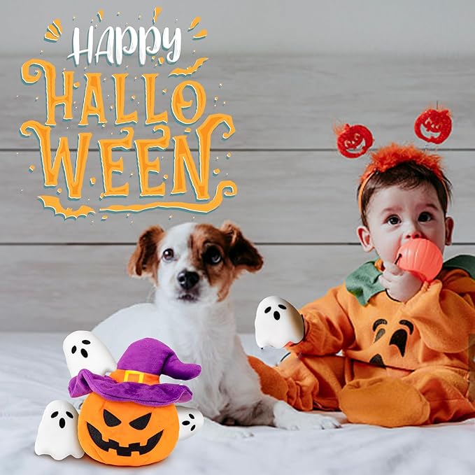 Halloween Dog Toys - Pumpkin & Ghosts Squeaky Plush, Hide & Seek for Small to Large Dogs