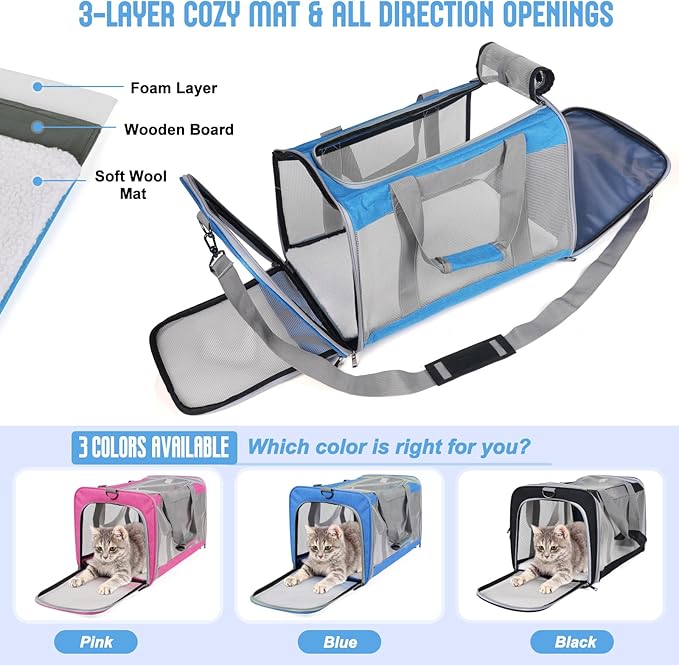 Pet Carrier for Large Cats of 20 Lbs, Collapsible Carrier Bag for Big Cat or 2 Kittens,Soft Sided Puppy Carrier with Sturdy Travel Transport Strap, Adequate Ventilation, 4 Mesh Windows (Blue)