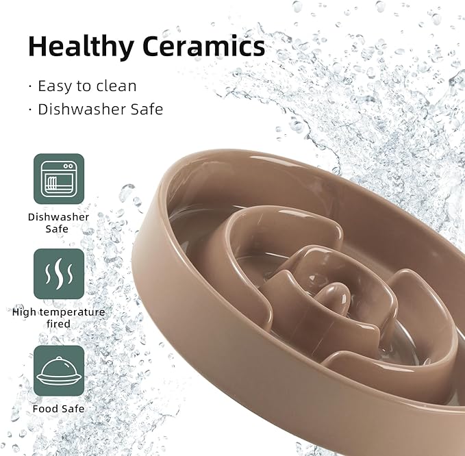 9.5inch Ceramic Raised Slow Feeder Dog Bowl Set, Elevated Bowl with Wooden Stand for Large Dog, Puzzle Slow Pet Food Dish, Preventing Choking(Brown Coffee, Single Bowl+ Stand)