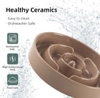 Ceramic Raised Slow Feeder Dog Bowl Set, Elevated 8.2inch Bowl and 9.5inch Puzzle Slow Food Dish with Wooden Stand for Large Dog, Anti-Gulping (2X Brown Coffee+ Stand)