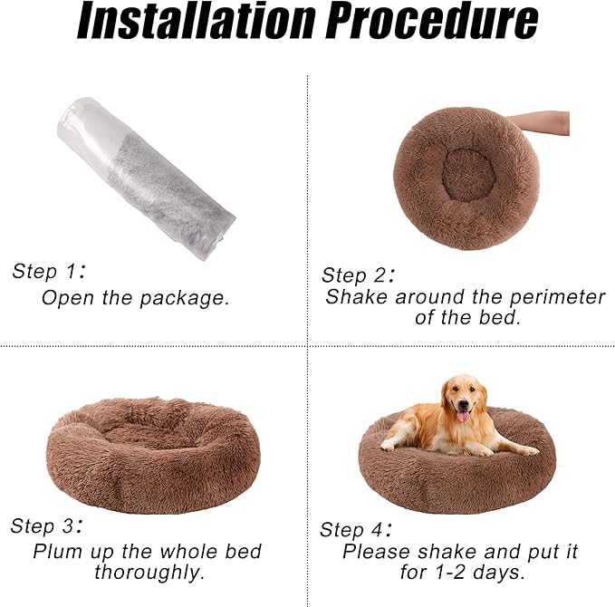 Calming Dog Bed, Dog Beds Fits up to 80 lbs Pets, Fluffy Donut Dog & Cat Bed Washable, Round Anti Anxiety Dog Bed, Small Dog Bed with Non-Slip Bottom (Khaki, 36" x 36")