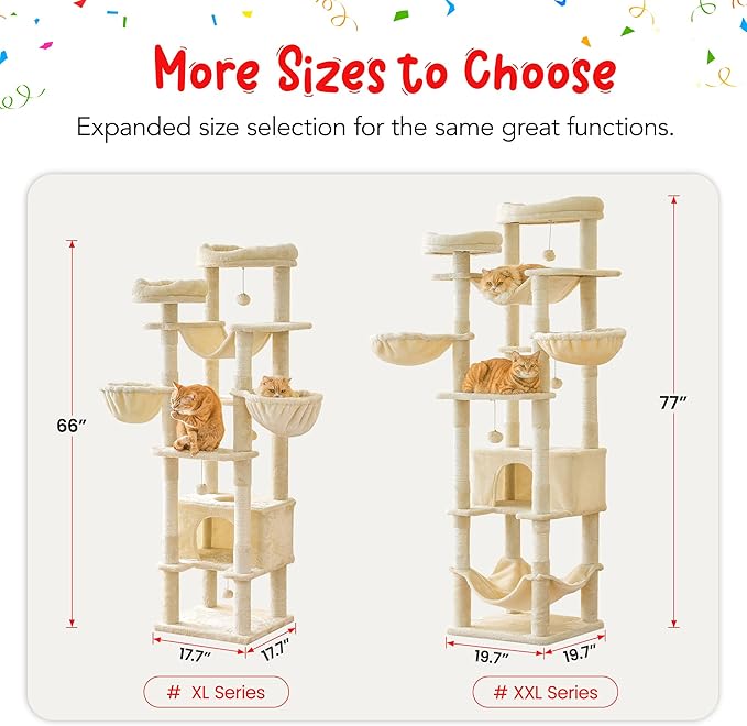 66-Inch Tall Cat Tree for Indoor Cats, Multi-Level Large Cat Tower with 3 Hammocks, 2 Padded Perches, cat Tree Tower with Scratching Post and Hanging Toys for Large Adult, Beige