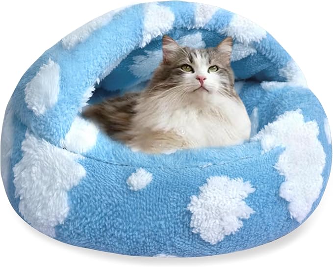 HYQ Cat Beds for Indoor Cats, Small Dog Bed with Cover Cave, Cozy Cat Cave Bed, Round Puppy Bed with Hooded Cover, Dog Beds for Small Dogs with Anti-Slip Bottom(Blue, 20×20 Inch)