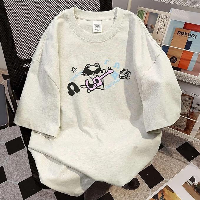 Harajuku Vintage Shirts for Women Cute Graffiti Cat Print T-Shirt Summer Oversized Graphic Tees Kawaii Clothes Y2K Tops