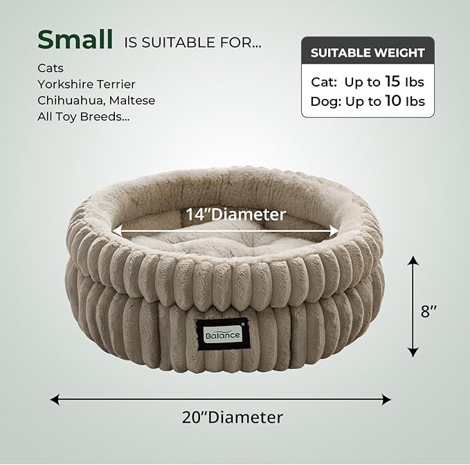 BALANCE Cat Bed Kitten Bed, Washable Round Cat Beds for Indoor Cats,Super Soft Plush Faux Fur Pet Bed for Puppy and Kitten with Anti-Slip Bottom