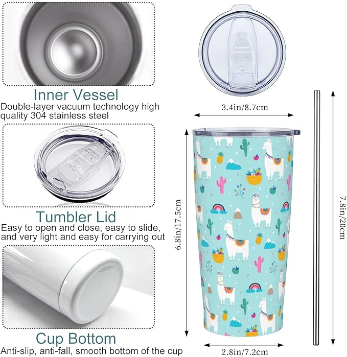 Llama Tumbler with Lid and Straw, Llama Cup 20 Oz Stainless Steel Insulated Water Bottle Travel Coffee Mug, Llama Gifts for Women