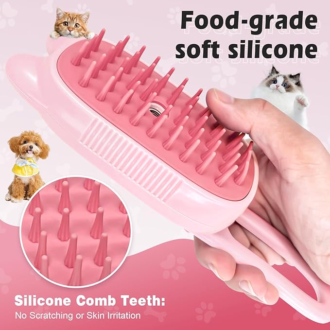 Cat Steam Brush for Dog & Cat, Spritz Defur Comb 3 in 1 Pet Rechargeable Steam Brush Tool for Long and Short Haired Cats and Dogs, Anti-Static, Shedding, Detangling, Massage & Combing (pink)