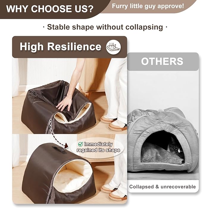 Cat Beds for Indoor Cats, Cat Cave for Large Cats and Small Pets, Memory Foam Cat House Tent with Removable Washable Cushioned Pillow, Cat Hideaway with Non-Slip Bottom, Coffee, Large