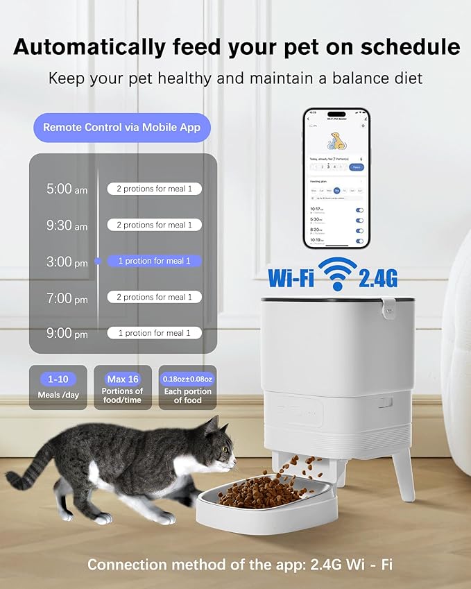 Automatic cat Feeder and Water Fountain,4L WiFi Dry Auto Pet Food and 2.2L Water Dispenser Set,Small Timed Self Feed Smart APP Feeding Stainless Steel Bowl(White)