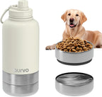 32oz Dog Water Bottle with Bowls - Leakproof Insulated Stainless Steel, Portable Travel Bottle for Hiking, Camping, Outdoor Use (Pearl White, 32oz)