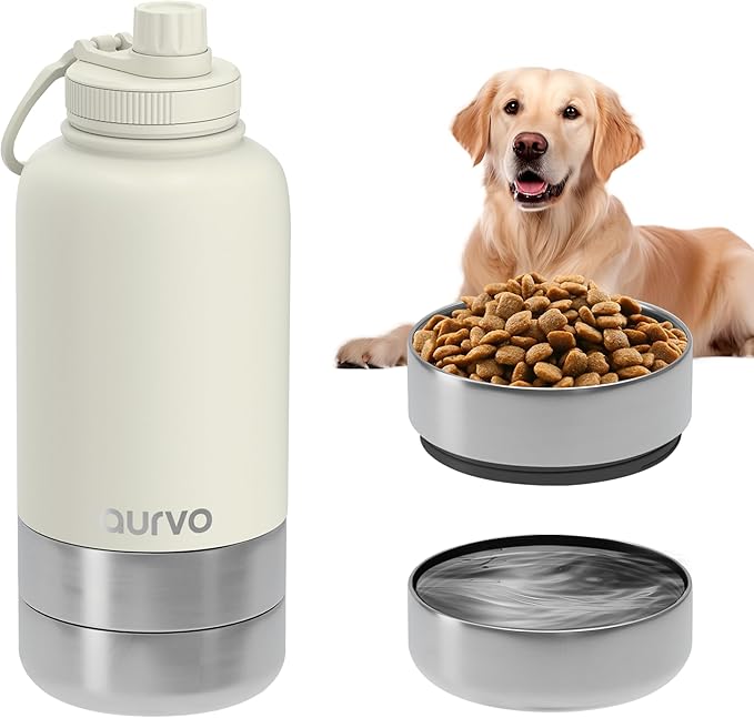32oz Dog Water Bottle with Bowls - Leakproof Insulated Stainless Steel, Portable Travel Bottle for Hiking, Camping, Outdoor Use (Pearl White, 32oz)