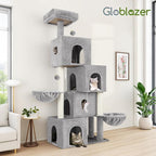Globlazer Cat Tree Tower Cat Condo for Mutilple Indoor Cats, 70in Tall Cat Tree Furniture Activity Center with 4 Cat Condos, 3 Scratching Posts, 2 Hanging Baskets, Padded Top Perch, F70C, Light Gray