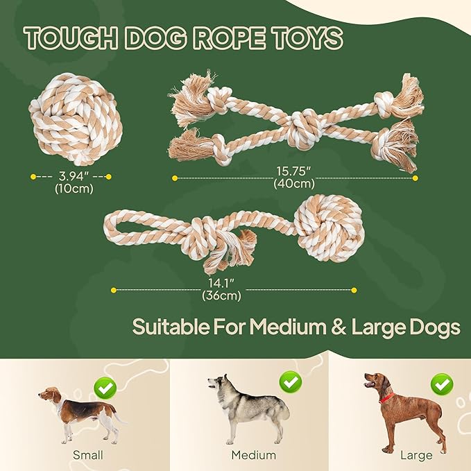TwoEar Dog Rope Toys for Large Dogs - 3 Pack Indestructible Natural Cotton Rope Toys for Dogs Large/Medium Breeds - Tough Chew Tug of War Dog Toy for Boredom, Teeth Clean