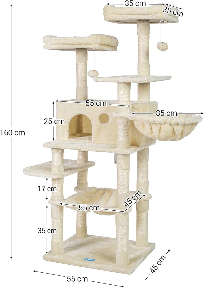 Hey-brother Cat Tree for Large Cats, Cat Tower with Scratching Posts, 2 Padded Plush Perches, Big Condo and Cozy Basket, Beige MPJ025M