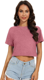 Womens Summer Crop Tops Short Sleeve Round Neck T-Shirts Loose Fit Casual Blouse