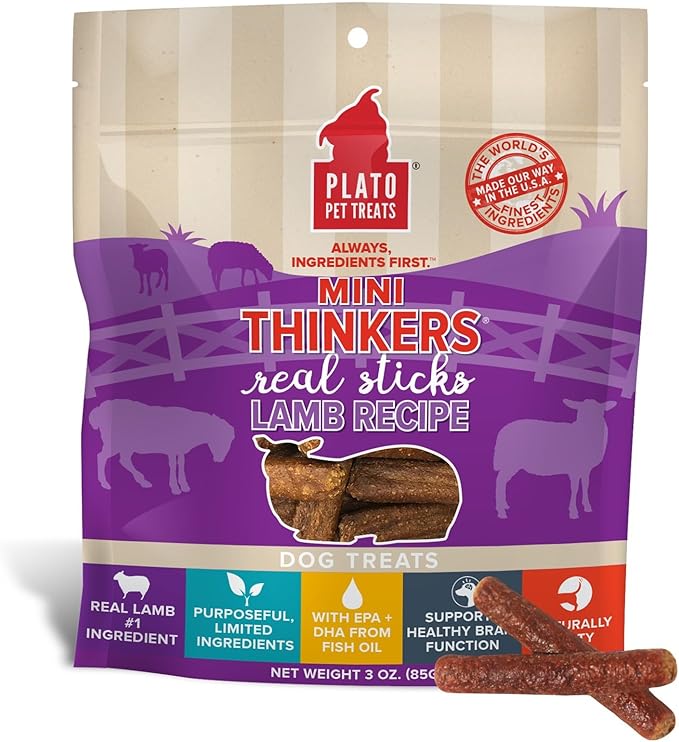 Plato Pet Treats Thinkers - Meat Stick Treats for Dogs - Limited Ingredient Dog Treats with EPA and DHA to Support Skin, Coat, and Brain - Air-Dried Dog Treats - Mini Thinkers Lamb 3oz