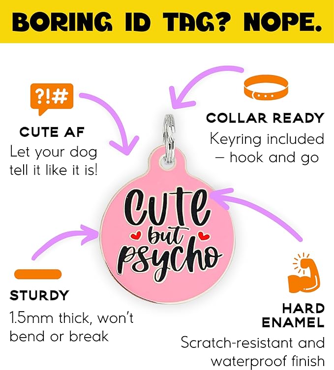 Personalized QR Code Dog Tags - Choose from 25+ Tag Designs - QR Code Links to Your Profile - Unique, Cute, Funny, Sassy Pet ID Tag (Cute But Psycho, Large (1.25 inch))