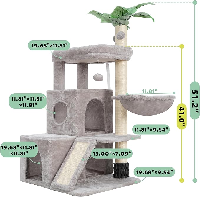 Cat Tree for Indoor Cats Large Adult, Heavy Duty Cat Tower for Big Cats, Cat Tree House with Self Groomer Brush, Big Padded Top Perch, Scratching Post, Hammock, Light Gray GCT012W