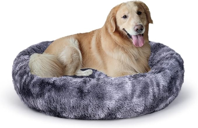 Oval Calming Donut Cuddler Dog Bed,Shag Faux Fur Cat Bed Washable Round Pillow Pet Bed(30"/36"/43") for Small Medium Dogs (XL(36"x27"x7"), Grey2021)