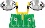 NFL Miami Dolphins Goalpost Football Field Dog Feeder – Adjustable Elevated Dog Bowls with Stand, 2 Stainless Steel Bowls, Non-Slip Rubber Feet, Raised Pet Feeder for Large & Small Dogs, Cats.