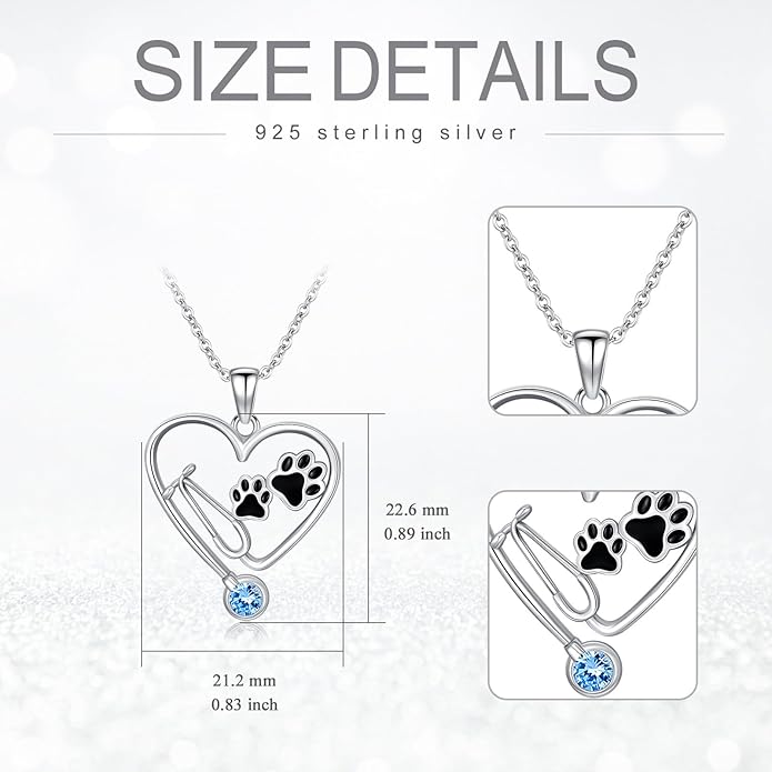 Birthstone Veterinary Stethoscope Necklace 925 Sterling Silver Nurse Vet Pendant with Dog Paw Nurse Jewelry Gifts for Veterinarian Nurse Women Veterinarian Gifts
