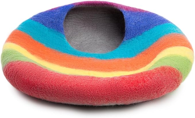 Woolygon Premium Felt Cat Cave Bed – Wool Kitty Beds Handcrafted Kitten Caves Bed for Indoor Cats - Made from 100% Eco-Friendly Merino Wool, Foldable Cat Hidewawy Covered Cat House Pod (Rainbow Twist)