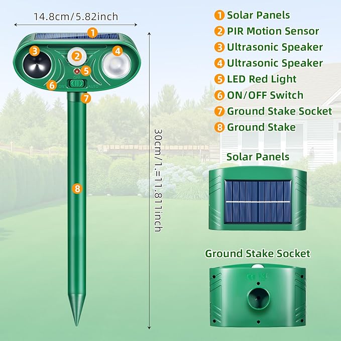 Solar Ultrasonic Animal Repeller Outdoor with Motion Sensor Deer Repellent Devices for Squirrel Repellent Cat Repellent Outdoor Fox Deterrent for Yard