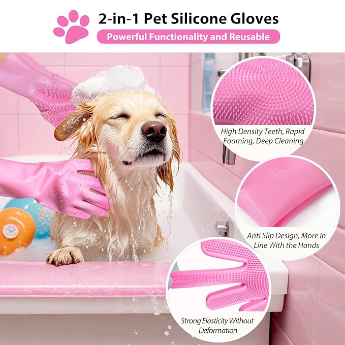 Dog Washing Gloves -Dog Bath Brush - Dog Bath Gloves - Dog Shampoo Brush - Pet Grooming Gloves -Cat Grooming Supplies_ Dog Bath Supplies（1 Pair Pink