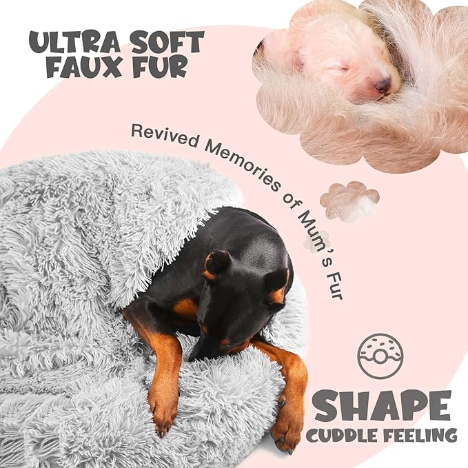 Himax Dog Beds for Large Dogs, Donut Dog Beds with Blanket, Cozy Soft Fluffy Round Dogs Beds, Washable (20"/26"/35") Light Grey