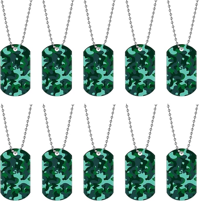 Saintrygo 48 Pcs Camouflage Dog Tags Military Acrylic Army Dog Tags Party Favors Camo Party Favors Include 24 Camo Necklaces with 24 Beaded Chains for Kids Men Women(Green)
