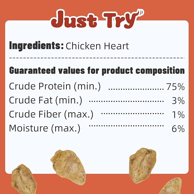 Just Try 6 oz Freeze-Dried Chicken Heart Dog & Cat Treats - Single Ingredient, Grain-Free, High Protein Training Treats Snacks
