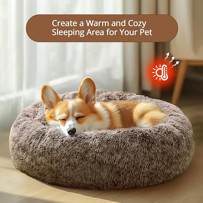 JOLLYVOGUE Medium Calming Dog Bed, Anti-Anxiety Donut Cuddler Cat Bed with Anti-Slip Bottom, Fluffy Faux Fur Machine Washable Pet Cushion for Medium Dog & Cat, 27"/Smoke Brown