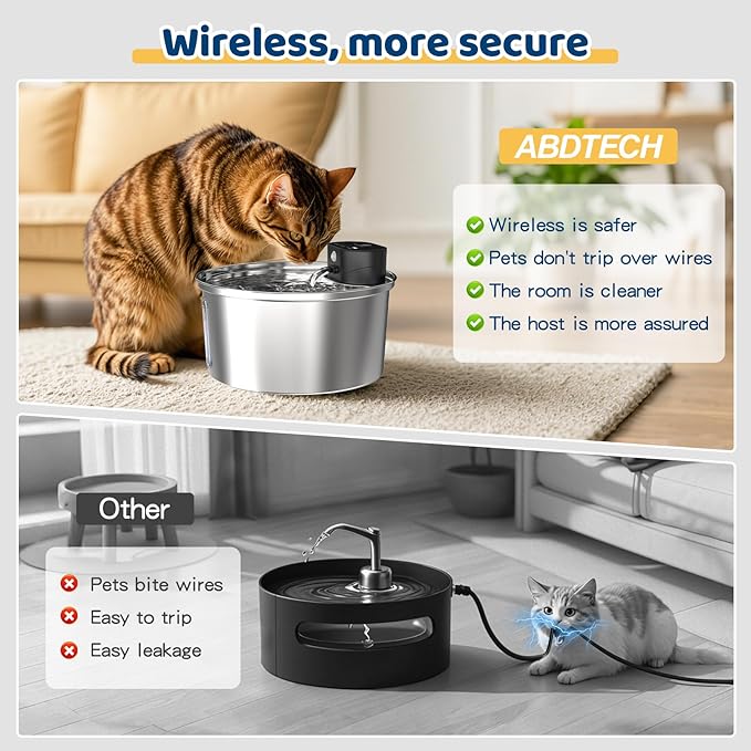 Water Fountains Cats Stainless Steel Dispenser Wireless Pet Fountain Drinking Inside- Automatic 108oz/3.2L 5000mAh Cats Fountain Indoor with Motion Sensor & Filters for Dogs, Multiple Pets