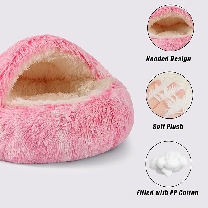 Round Hooded Cat Bed & Dog Bed with Cover Cave, Dog Bed for Small Dogs, Faux Fur Cuddler Round Coved Cat Bed Self Warming Donut Dog Bed Fits up to 22 lbs Pets (Pink, 24inch x 24inch)