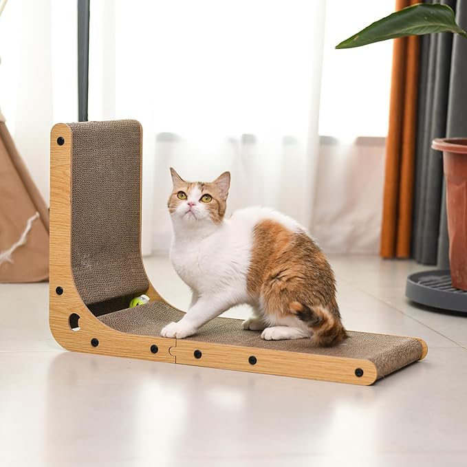 Cat Scratcher Cat Claw Board L-Shaped Vertical Simple and Durable Cat Claw Board Not Easy to Drop Scraps Belt Bell Ball Cat Scratching Board (Grainy)