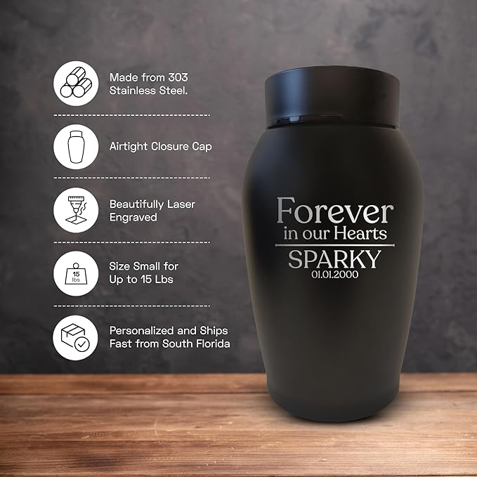 Personalized Custom Small Keepsake Urn Engraved with Pet Name, Date and Cat Design - 5.2" Black Powder Coated Steel Cremation Urn for Cat Ashes | 12-16 lb Capacity, Forever in Our Hearts