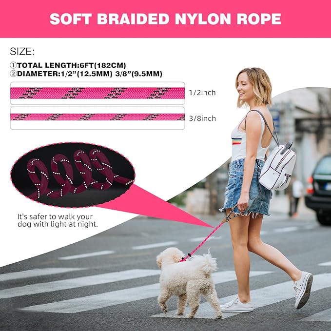 lynxking Slip Lead Dog Leash Reflective, Heavy Duty Comfortable Strong Rope Leash for Large, Medium Small Dogs No Pull Pet Training (Pink, Small 3/8in x 6ft-Slip Lead)