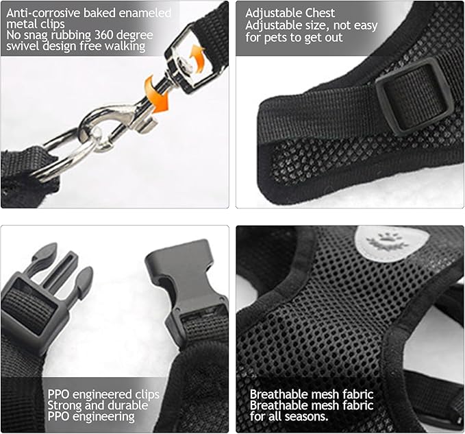 shudyear Summer cat Chest Harness and Leash, Anti-Escape Adjustable Soft mesh cat Leash and Chest Harness Set for All Types of Cats cat Vests (Size XL,Black)