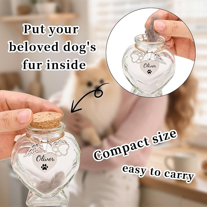Personalized Pet Fur Keepsake Bottle, Heart Shape Custom Name Engraved Glass Dog Hair Keepsake, Pet Hair Memorial Vials for Dog/Cat Hair & Ashes, Sympathy Gift for Pet