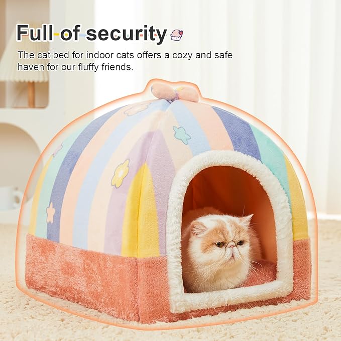Jiupety Cat Beds for Indoor Cats, Cute Cat House for Cats and Puppy, Cat Cave Bed with Removable Cushion, Large Cat Bed Cat Hideaway Cat Tent, 2-in-1 Pink Cat Bed, M(17" × 17" × 17"), Rainbow.