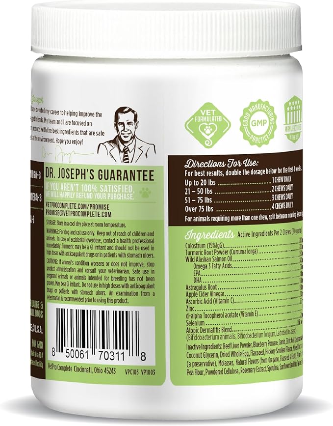 VetPro Advanced Allergy and Itch Support for Dogs - Supports Seasonal Allergies, Itchy Skin, & Immunity - Enhanced with Salmon Oil, Probiotics & Colostrum for Allergies, Immune Support, & Gut Health