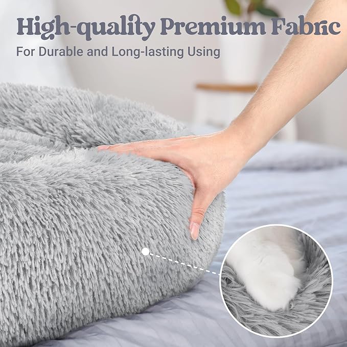 rabbitgoo Dog Bed for Small Dogs, 24 inches Washable Small Dog Bed, Fluffy Donut Dog Bed Anti-Slip, Calming Soft Plush Round Pet Bed for Dogs, Fits up to 18 lbs Pets, Light Grey