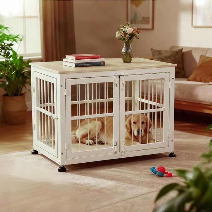 40 Inch Dog Crate Furniture for Large Medium Dogs, Wooden Heavy Duty Dog Kennel with Double Doors, Decorative Pet House Dog Cage Side End Table Indoor, Pet Cage Dog House, Beige